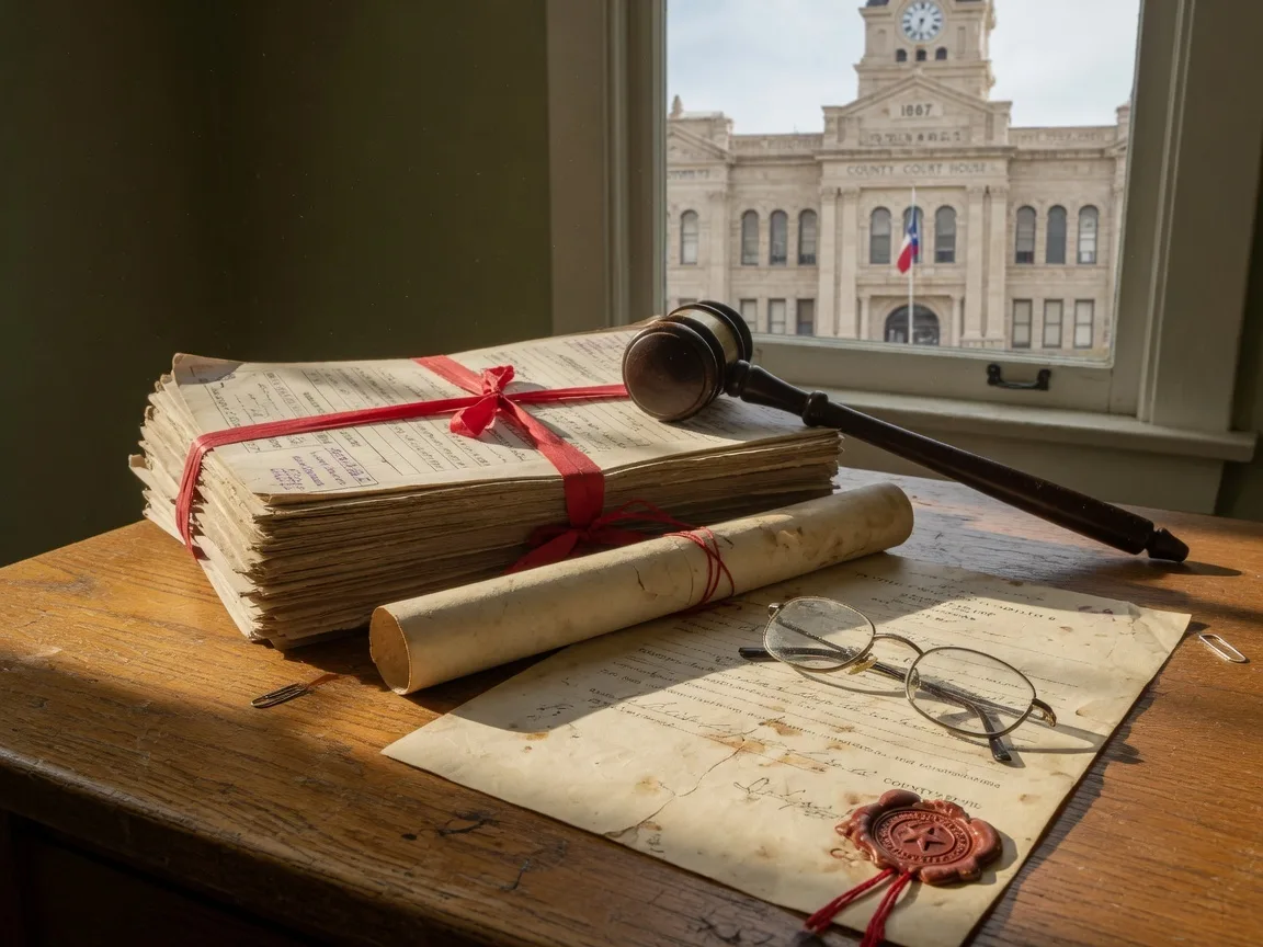 A Texas county courthouse visible through a window behind a desk with legal documents, a gavel, and an old property deed with a wax seal, representing probate court proceedings