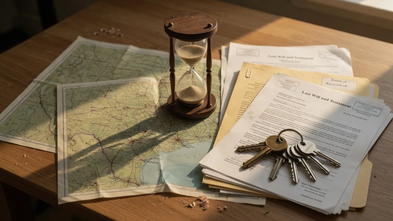 A clock and house keys on a desk with estate documents, representing the timeline of selling a probate home in Texas