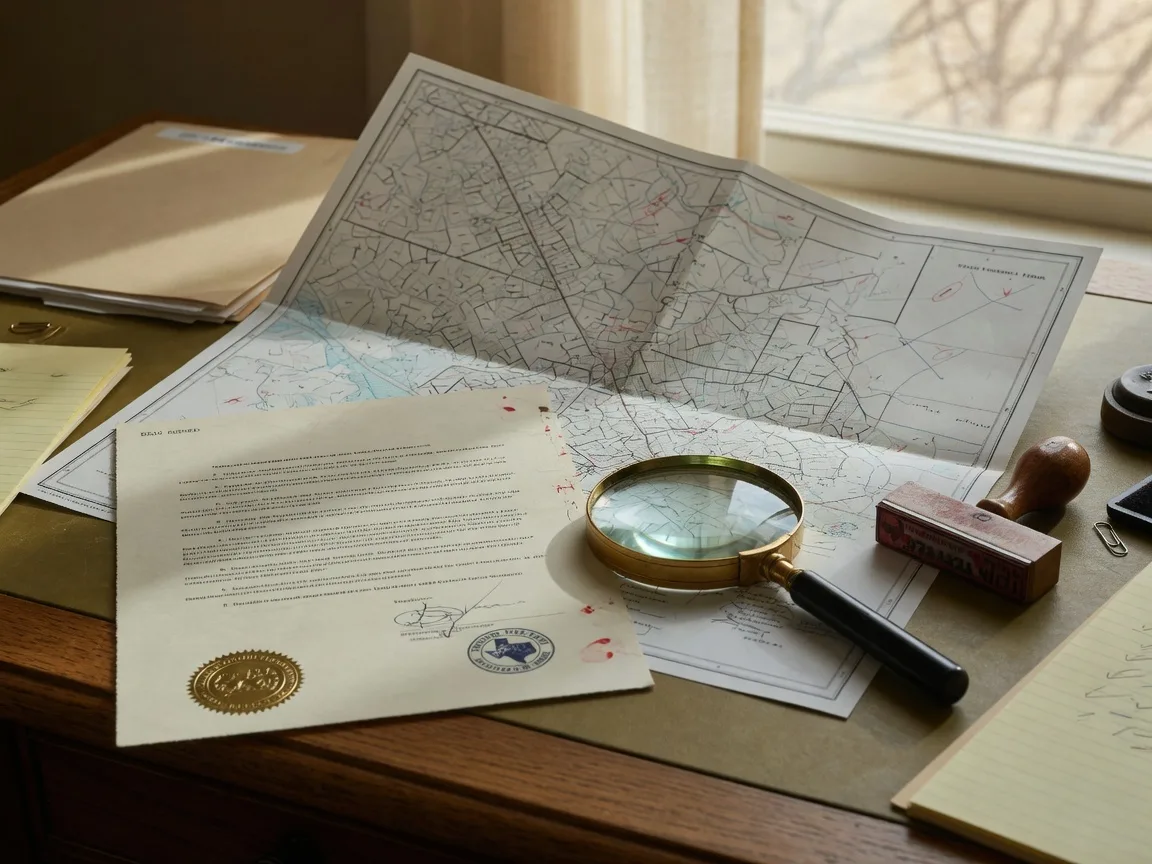 A title company office desk with a property deed, a survey map spread open, a magnifying glass, and a stamp, representing the title examination process that must begin early in a Texas probate home sale