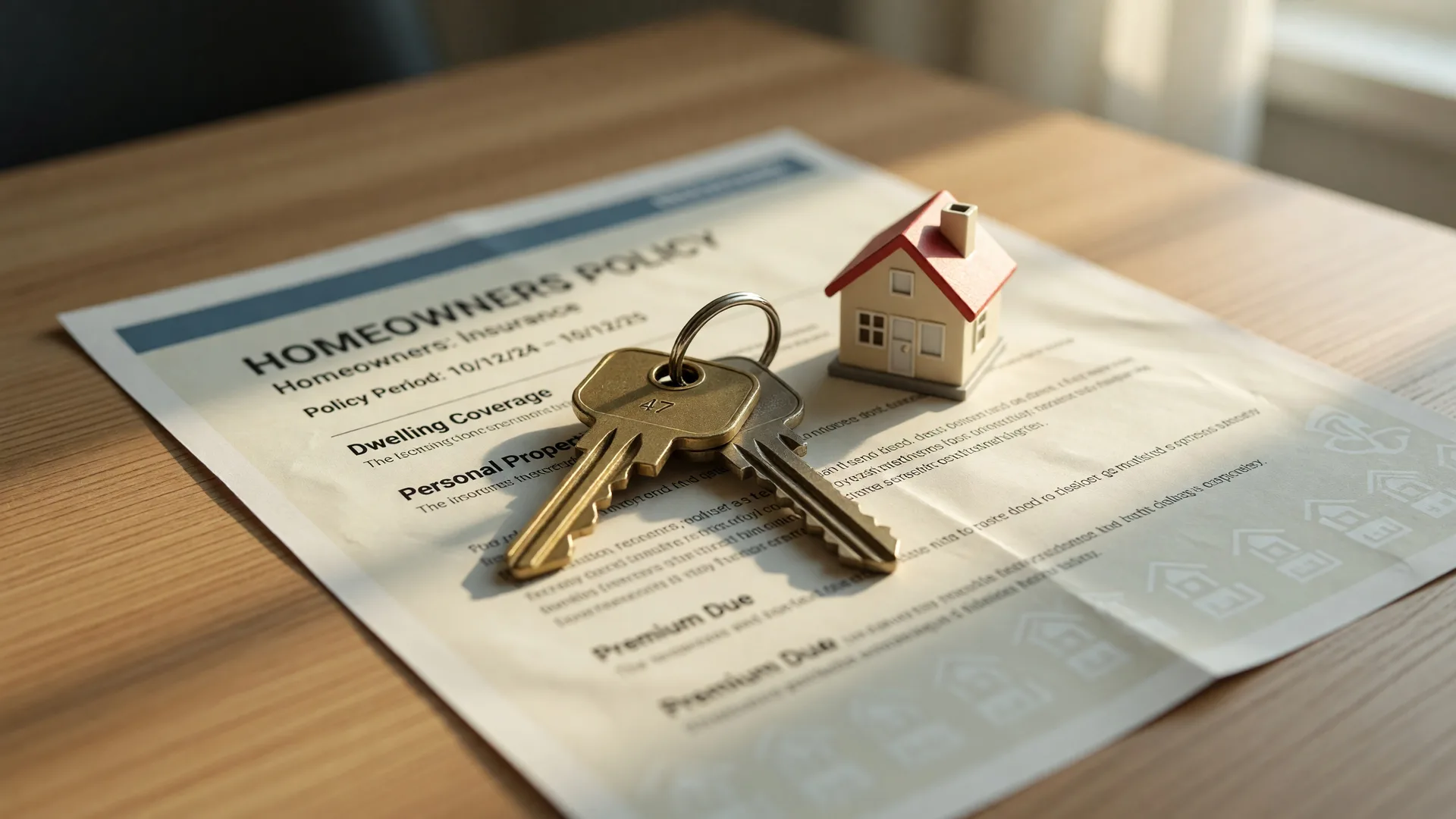 House keys resting on an insurance policy document on a wooden desk, symbolizing home protection for estate properties