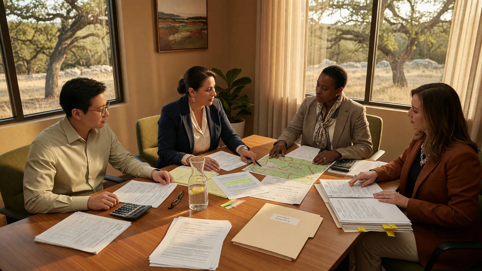 A diverse team of professionals — attorney, real estate agent, CPA, and title officer — gathered around a conference table reviewing estate documents in a sunlit Texas Hill Country office