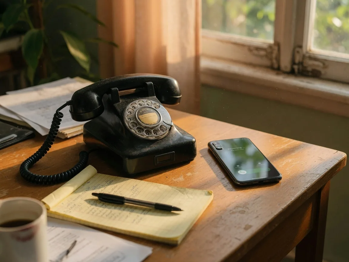 A vintage rotary desk phone and modern smartphone on a wooden desk in a warm home office, representing the urgency of making the first calls to the probate attorney and insurance professional