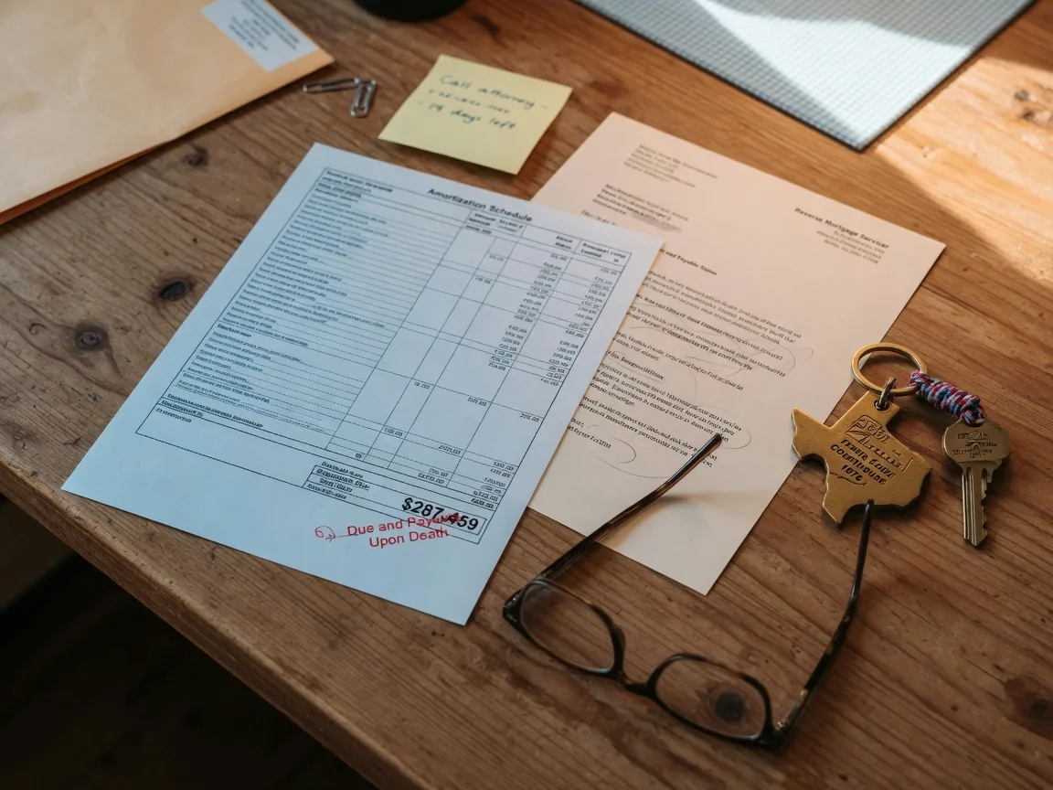 A reverse mortgage amortization statement and a formal due-and-payable letter from a loan servicer on a wooden desk next to a Texas county courthouse keychain and reading glasses, representing the legal deadlines heirs must navigate after a reverse mortgage borrower dies