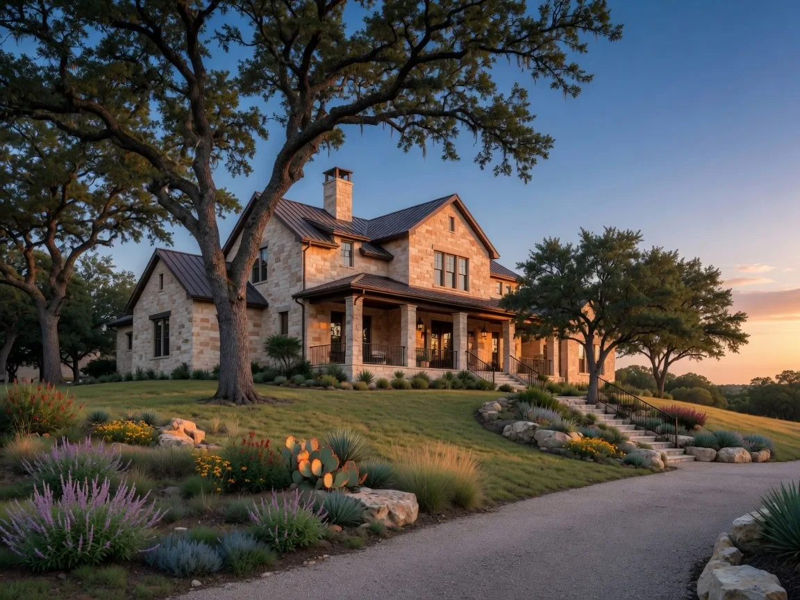 A Texas Hill Country limestone home with native landscaping and mature live oak trees, photographed at golden hour — representing the type of inherited property that may benefit from targeted improvements