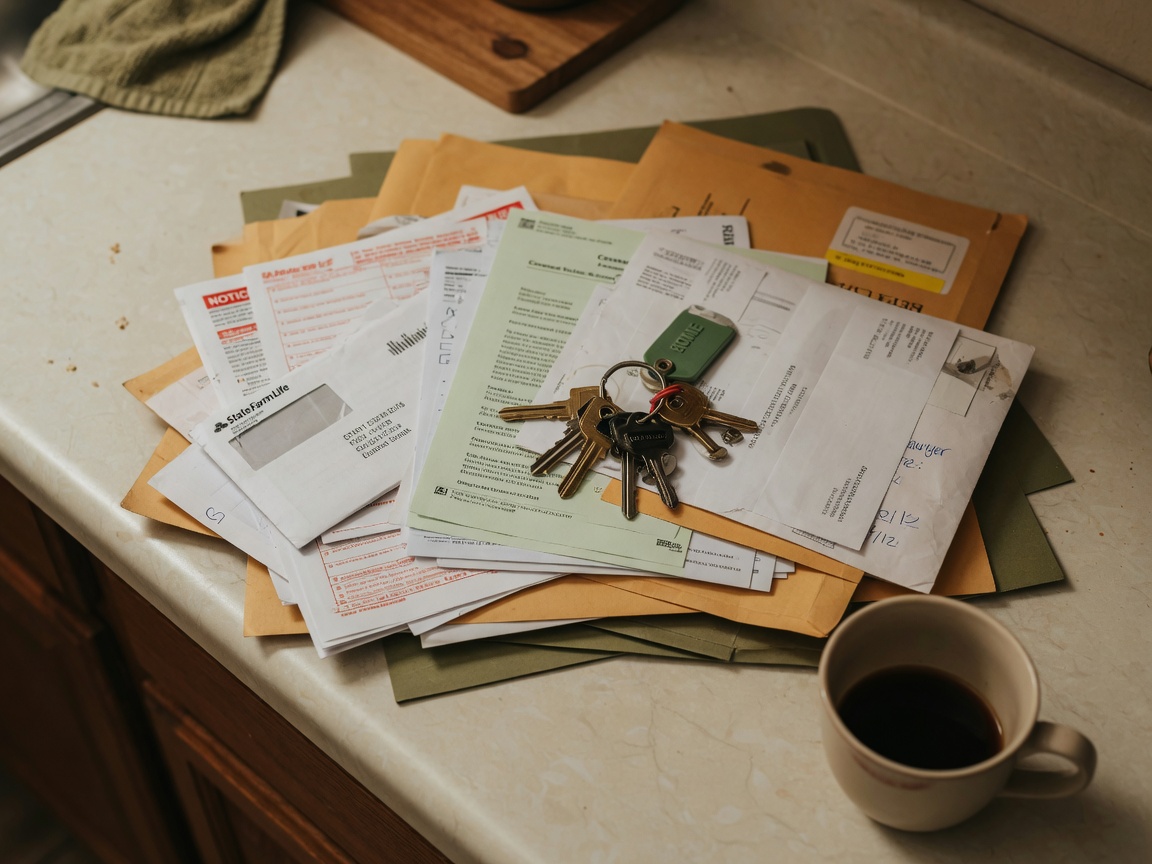 Accumulated mail, insurance bills, and tax notices on a counter next to house keys — the paperwork that builds up when a probate property sits vacant