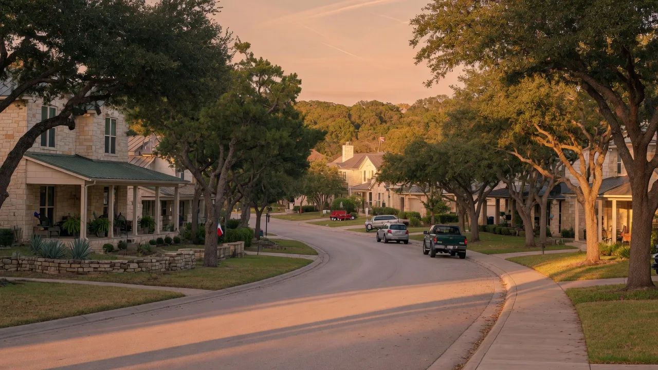 A Texas Hill Country home with mature oak trees and warm golden light, representing an estate property that continues to accrue carrying costs while awaiting sale during probate
