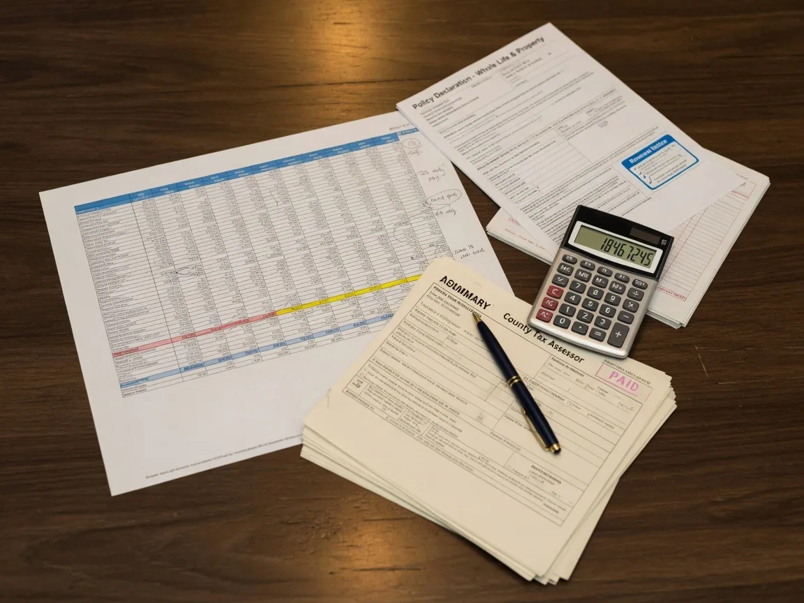 Financial documents, a calculator, and property tax records on a desk, representing the accounting obligations that come with managing estate funds
