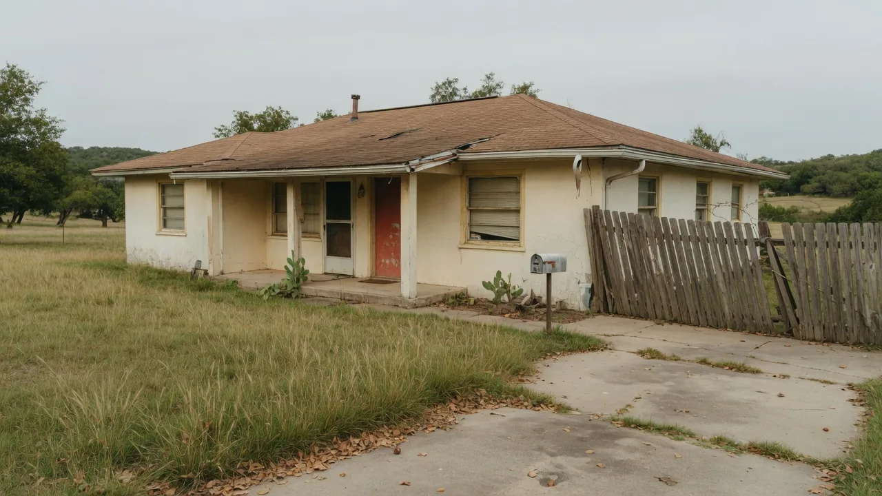 A weathered, vacant Texas home with an unkempt yard, representing an estate property sitting untouched while carrying costs accumulate