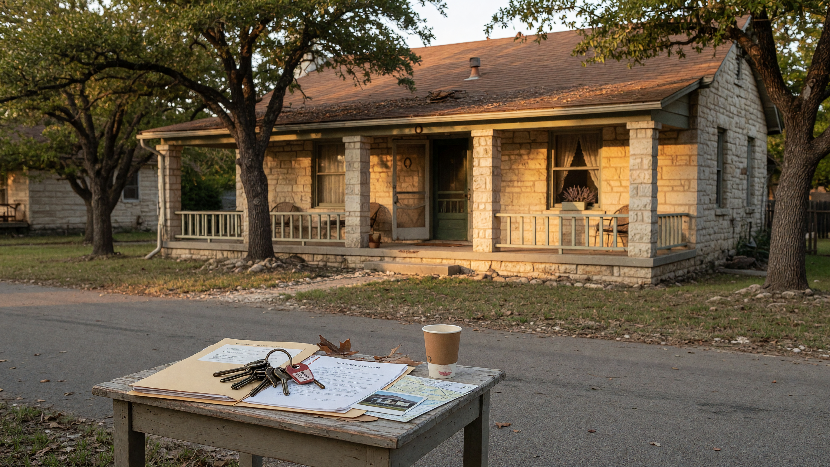 A Texas Hill Country limestone home in warm afternoon light, with house keys and documents on a porch table — representing an inherited property sold during probate