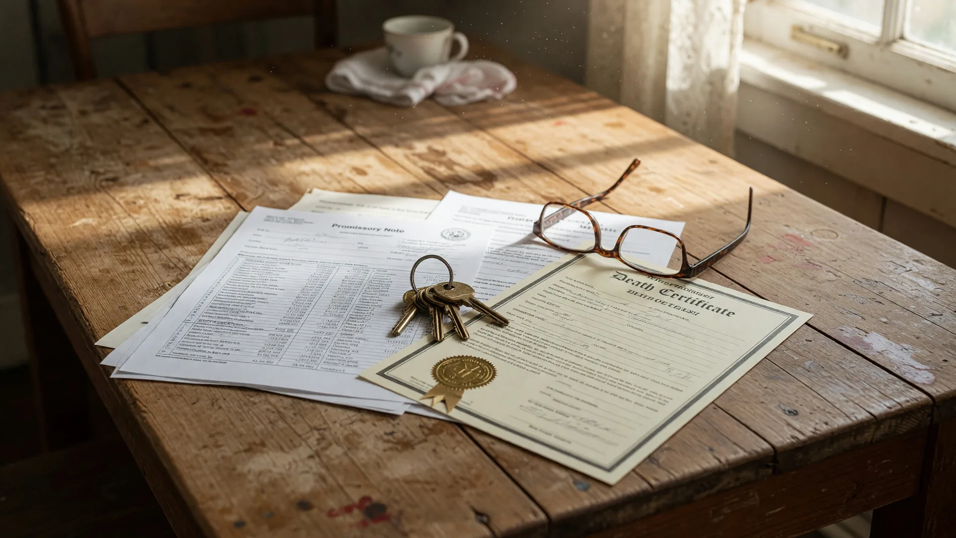 Mortgage documents, a death certificate, and house keys spread across a weathered wooden Texas farmhouse table, representing the financial and legal questions that arise when a homeowner dies with an outstanding mortgage