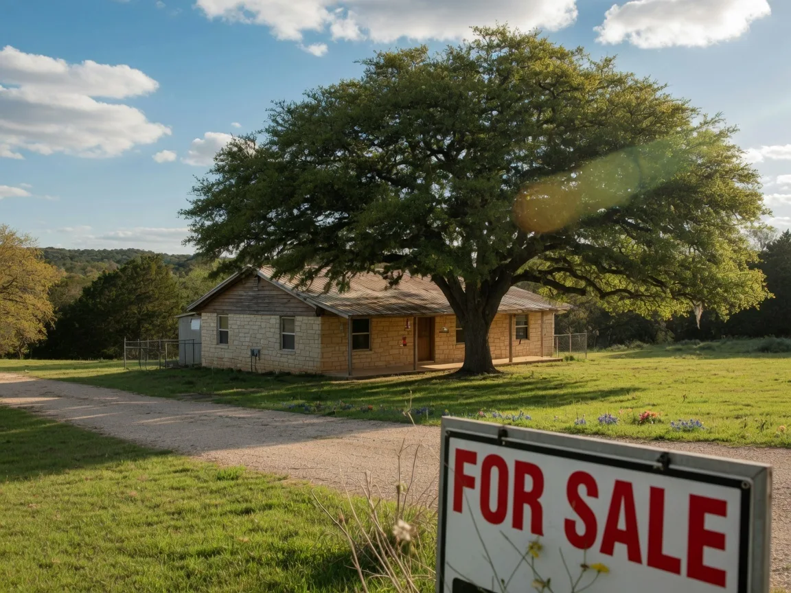 A well-maintained Texas Hill Country home with a for-sale sign in the yard, live oak trees in the background, and a clear blue sky above