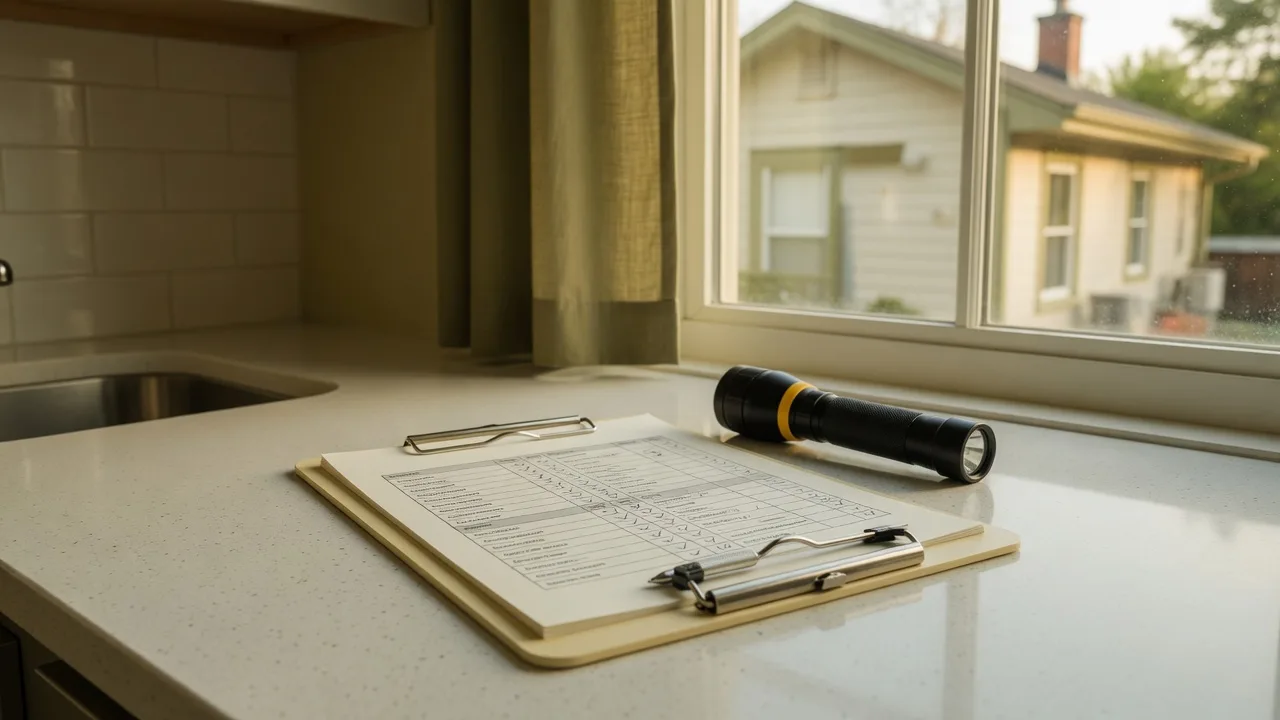 A clipboard with an inspection checklist resting on a kitchen counter next to a flashlight, representing the importance of thorough property inspections before listing an estate home