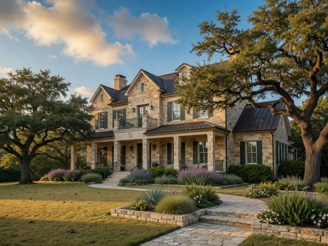 A stately two-story Texas Hill Country home with limestone facade and mature live oak trees, representing the type of property where a probate-experienced agent provides essential local expertise