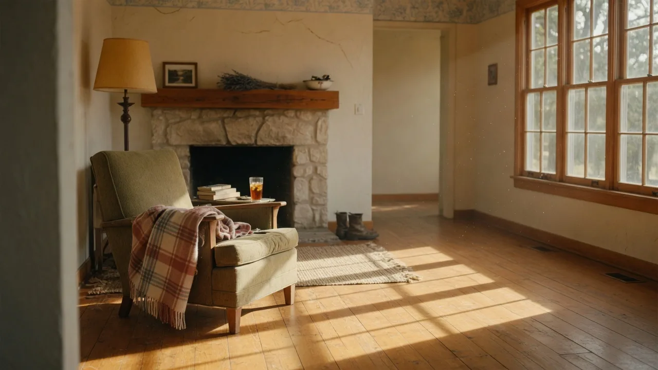 An empty living room in a Texas Hill Country home with warm afternoon light streaming through large windows, casting long golden shadows across hardwood floors — a comfortable but worn armchair sits near the window with a folded blanket, evoking absence and quiet reflection