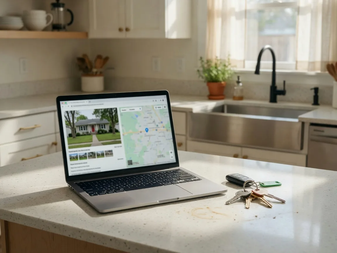 A laptop displaying a real estate listing alongside house keys on a kitchen counter, representing remote property management by an out-of-state executor