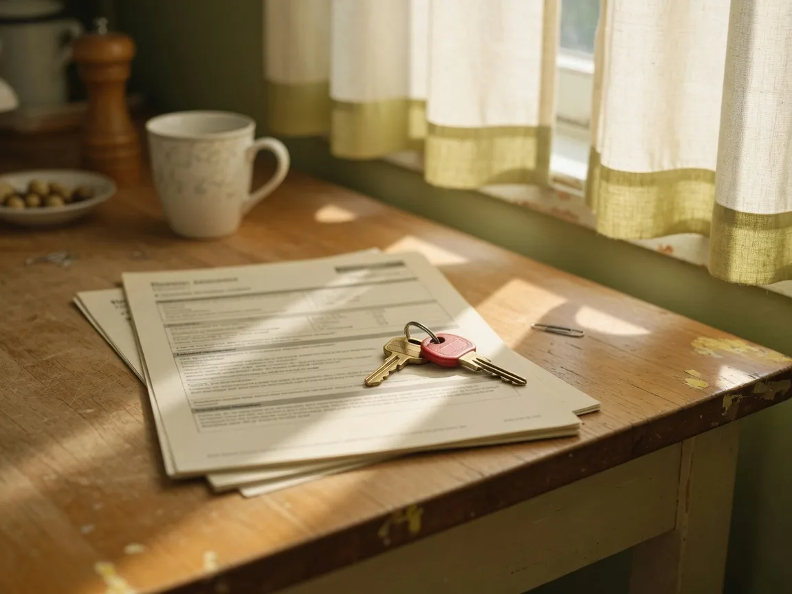 A home insurance policy document on a wooden kitchen table with a house key resting on the papers in warm morning sunlight, representing the importance of confirming coverage for an estate property promptly