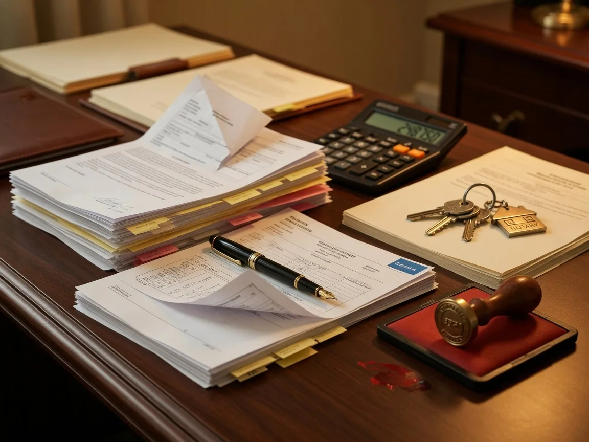 A real estate closing table with legal documents, a notary stamp, house keys, and a calculator, representing the closing process an out-of-state executor must coordinate
