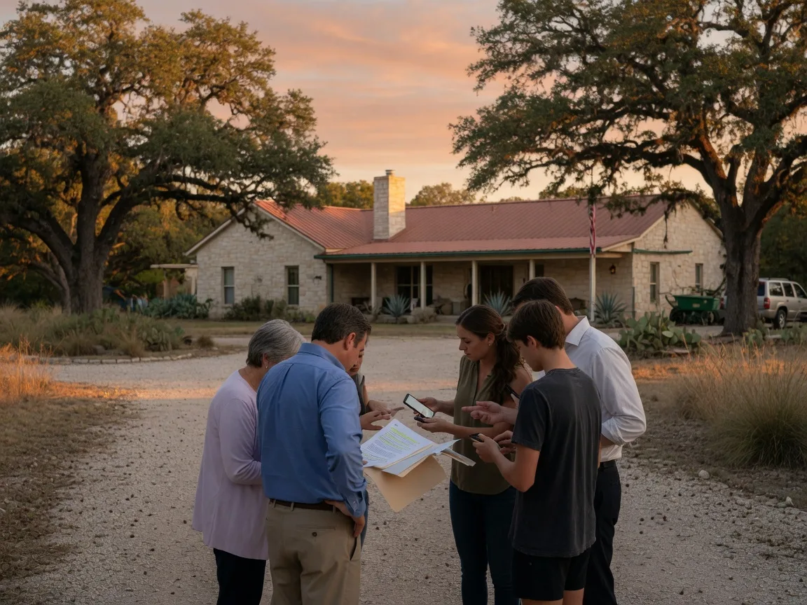 A multigenerational family standing in the driveway of a Texas Hill Country home, looking at papers and a smartphone, representing adult children heirs navigating the complex reverse mortgage process after their parent's death