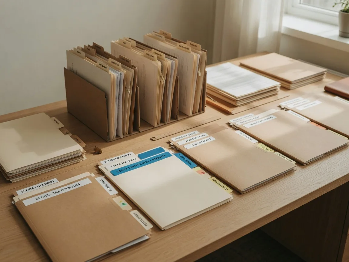 Organized manila file folders and labeled document dividers on a clean wooden desk, representing the information categorization framework that helps executors sort property knowledge into known, reported, and unknown buckets