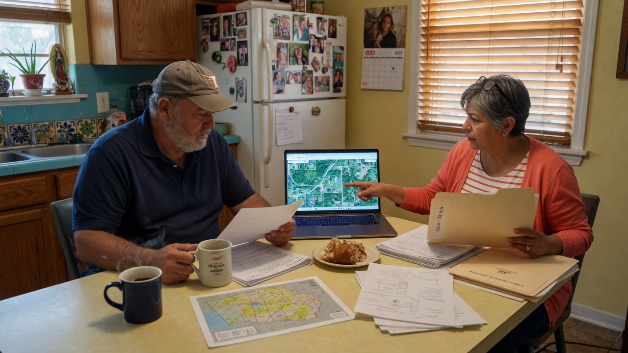 Two people reviewing estate documents and a laptop map at a kitchen table, representing the family coordination challenges that out-of-state executors face