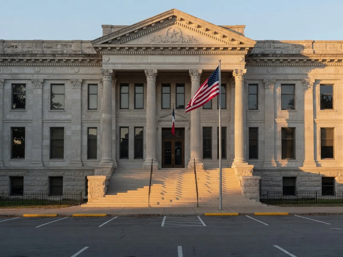 A Texas courthouse building exterior with columns and classical architecture, representing the court supervision involved in dependent administration of probate estates