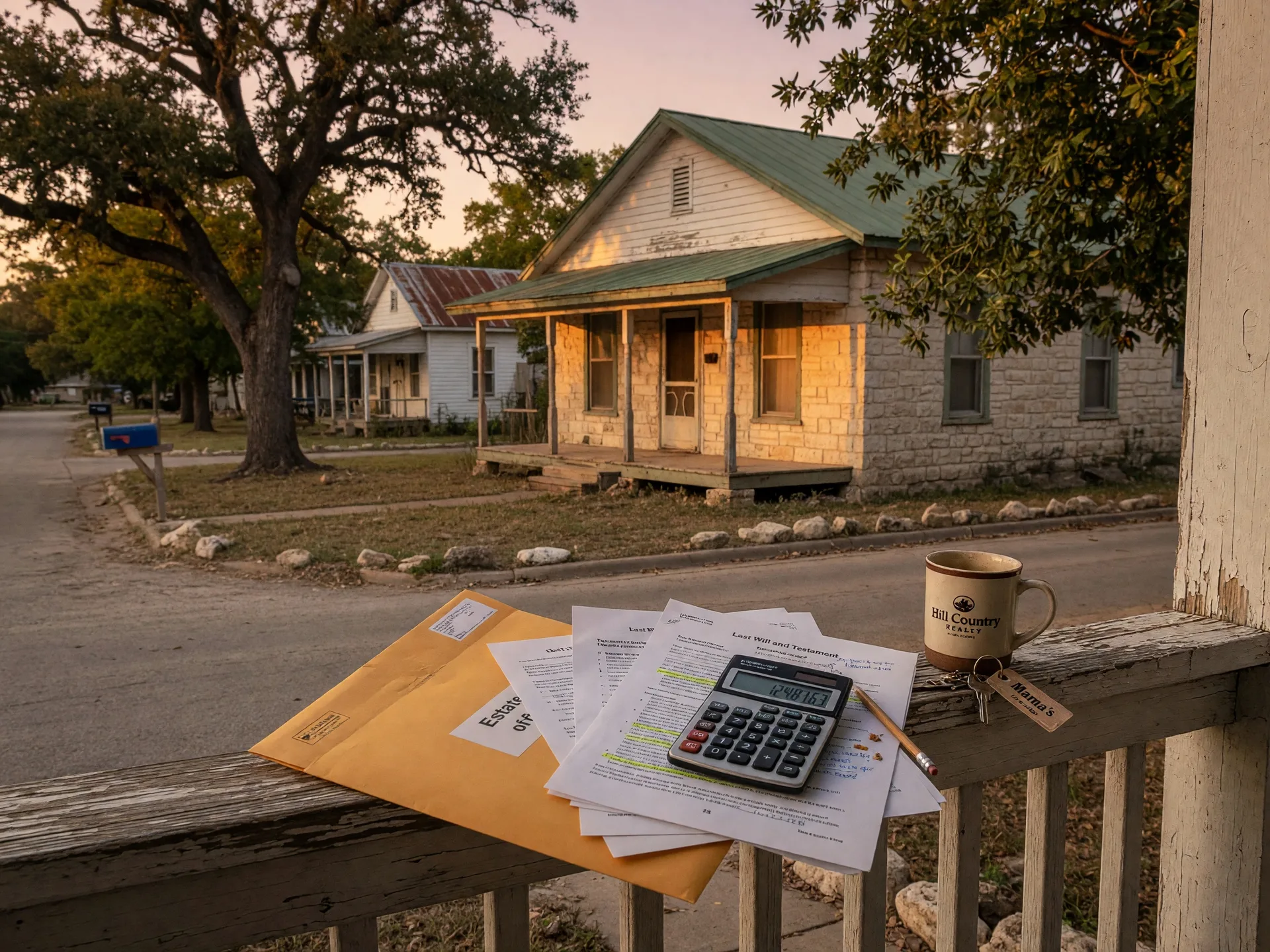 A Texas Hill Country home at golden hour with mortgage documents and a calculator in the foreground on a porch railing, representing the financial decisions an executor must make regarding an inherited property with a mortgage