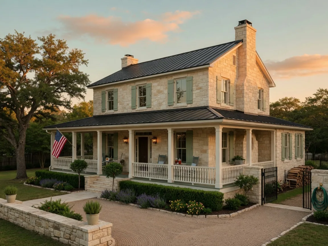A well-maintained Texas Hill Country home at golden hour, warm sunset light illuminating the facade — representing a protected and well-managed estate property