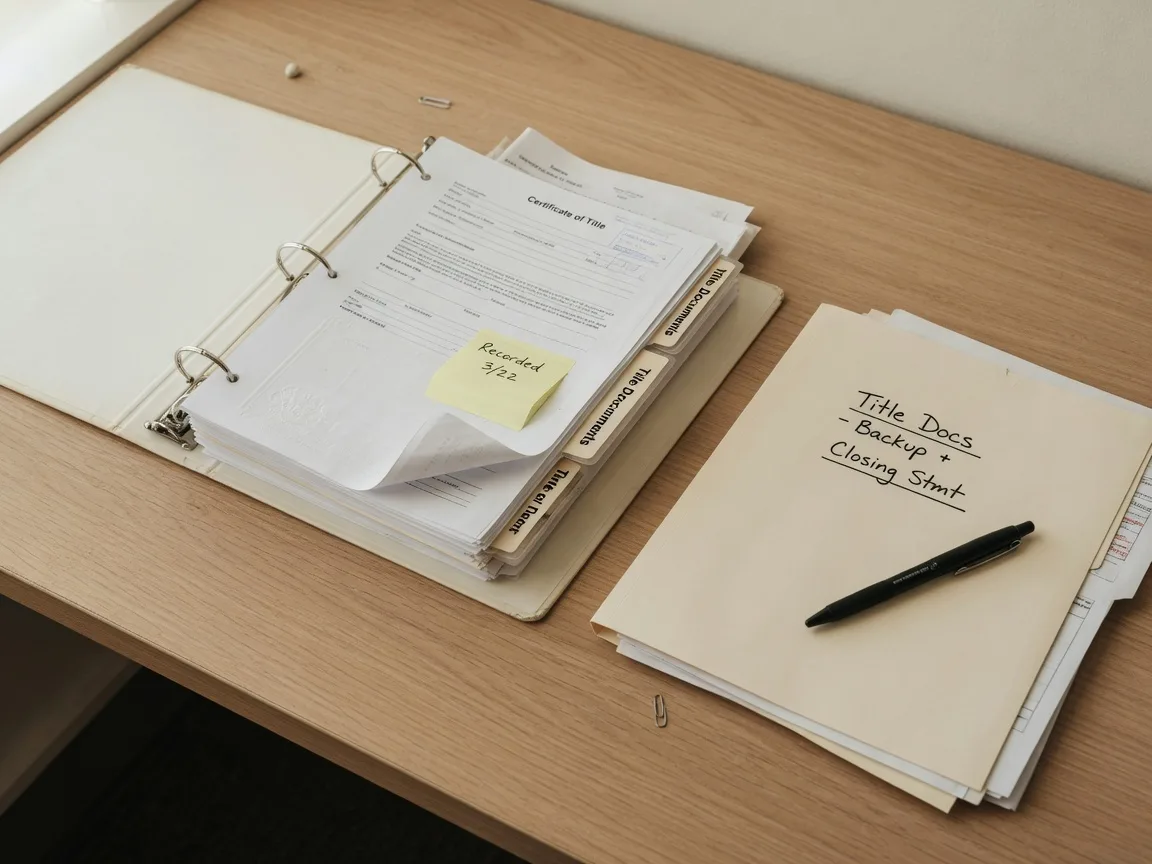 A neatly organized binder with tabbed dividers and a manila folder on a clean wooden desk, representing the preparation and organization required to assemble the documents needed for a title review before listing a Texas probate home