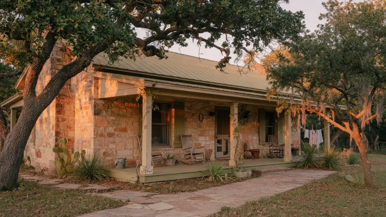A weathered wooden front porch of a Texas Hill Country home with a vintage rocking chair, potted plants, and warm light filtering through the porch columns — evoking decades of family memories and quiet evenings