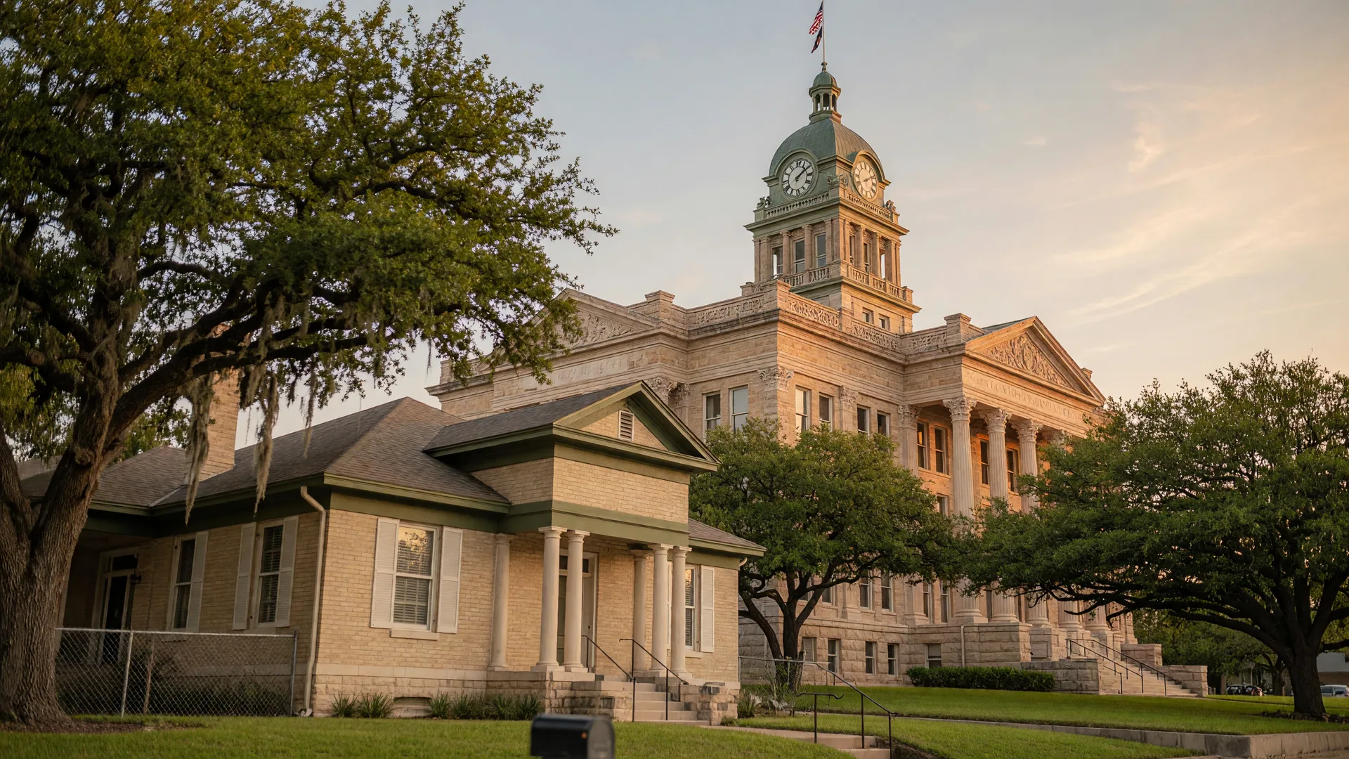 A Texas county courthouse with warm limestone architecture and live oak trees, with a residential home visible in the foreground — representing the intersection of probate law and real estate