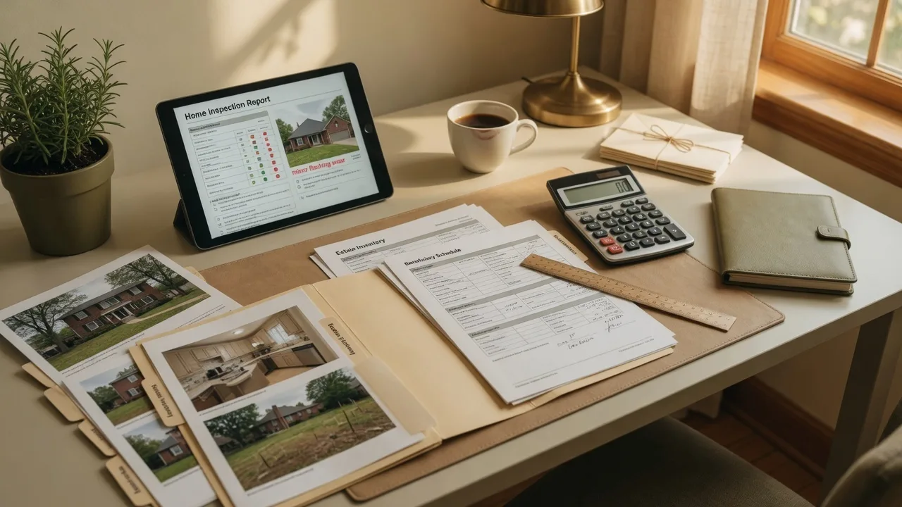An estate administrator's desk with property documents, contractor bids, and financial planning materials for pre-sale improvement decisions