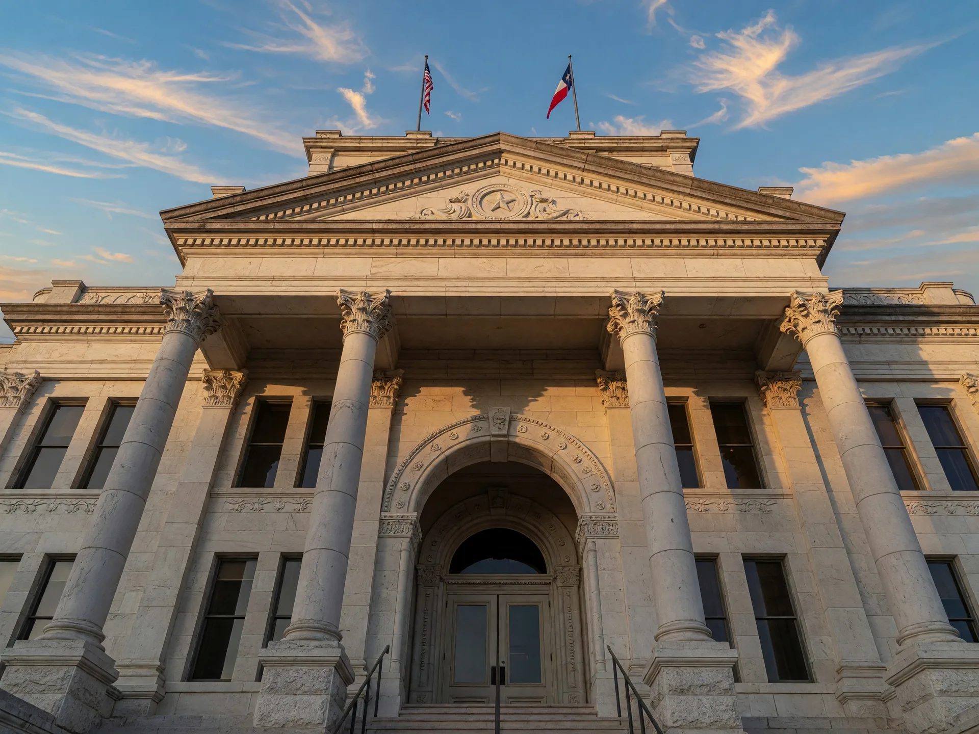A Texas county courthouse facade with limestone columns and arched entryway on a clear morning, representing the legal framework governing probate and foreclosure in Texas