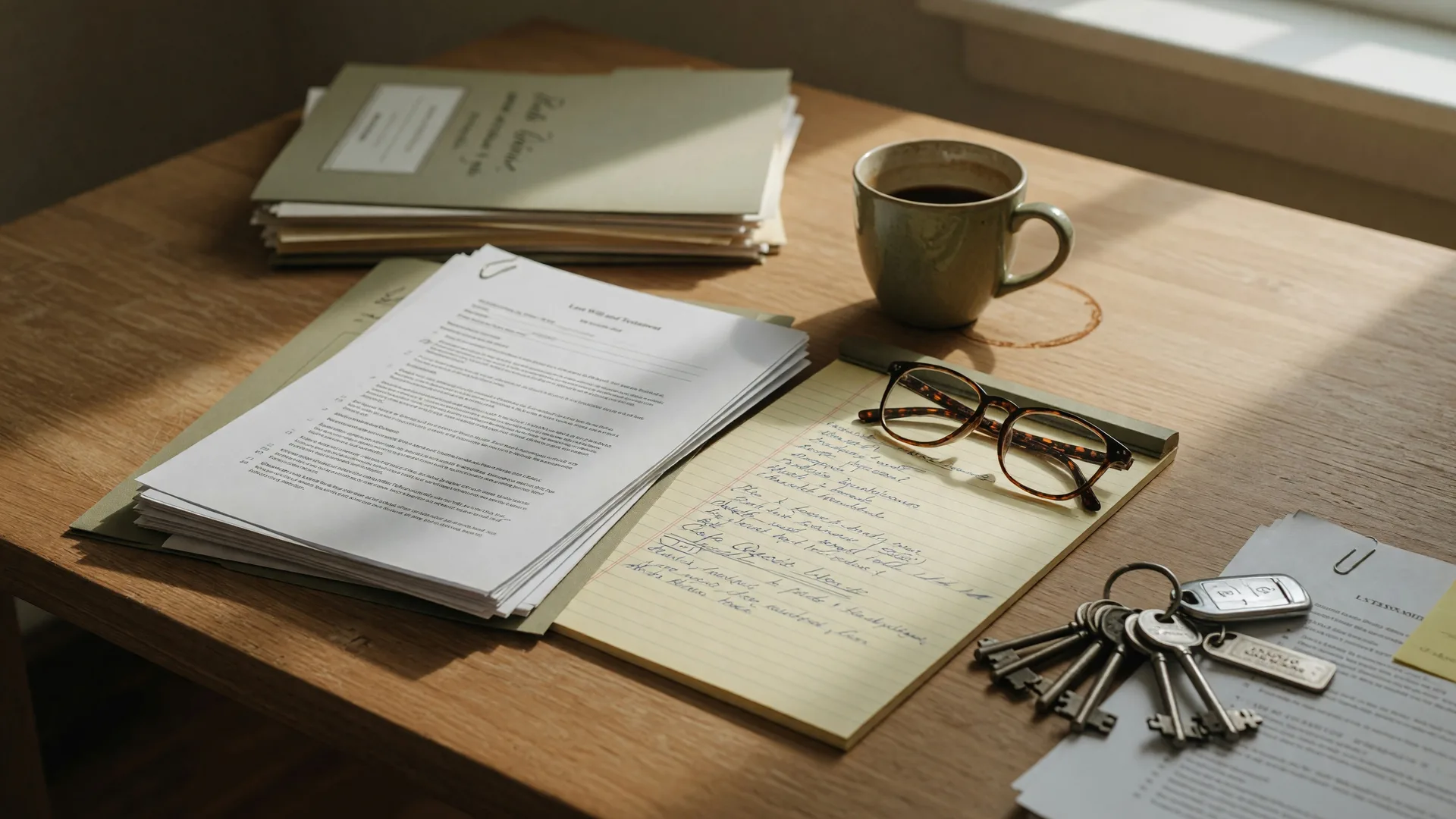 Estate planning documents, reading glasses, and house keys on a wooden desk, representing the critical real estate decisions executors face during probate