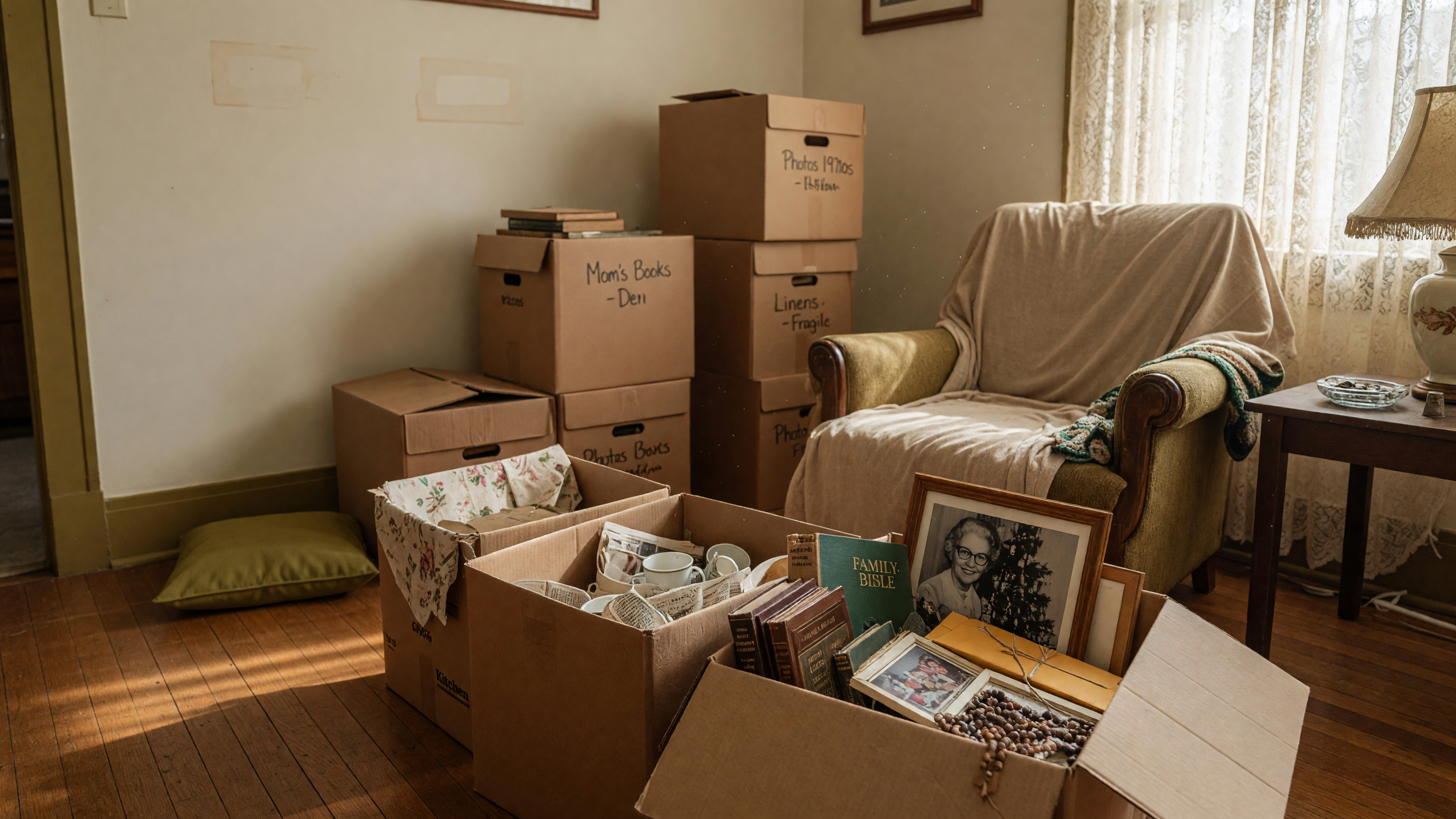 A Texas Hill Country home with a junk removal truck in the driveway and discarded furniture and boxes lined up along the curb during an estate clean-out