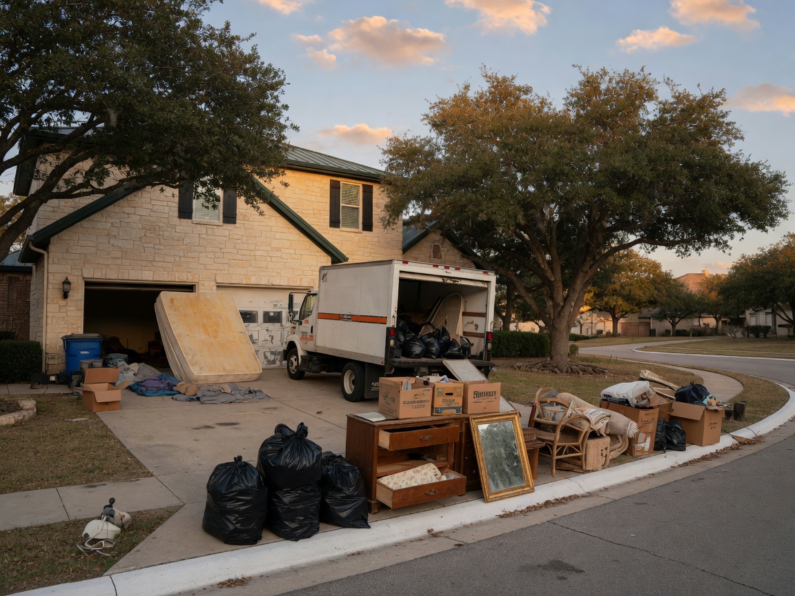A collection of personal belongings — a vintage pocket watch, old photo albums, reading glasses, and a leather-bound Bible — arranged on a worn wooden table during an estate clean-out, representing the emotional weight of sorting through a loved one's possessions