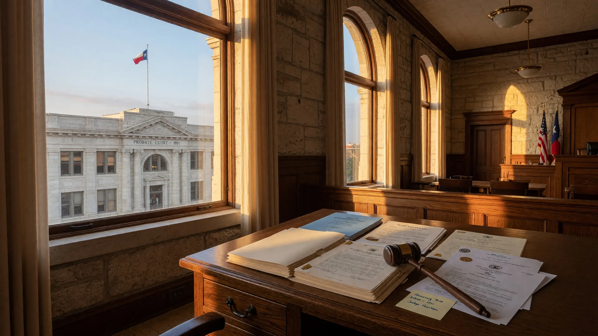 Texas probate courthouse with legal documents and a gavel on a wooden desk, representing the first step of the probate filing process