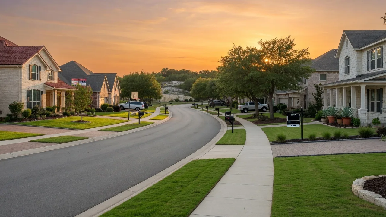 A desirable Texas Hill Country neighborhood at sunset where homes sell quickly regardless of condition due to strong buyer demand