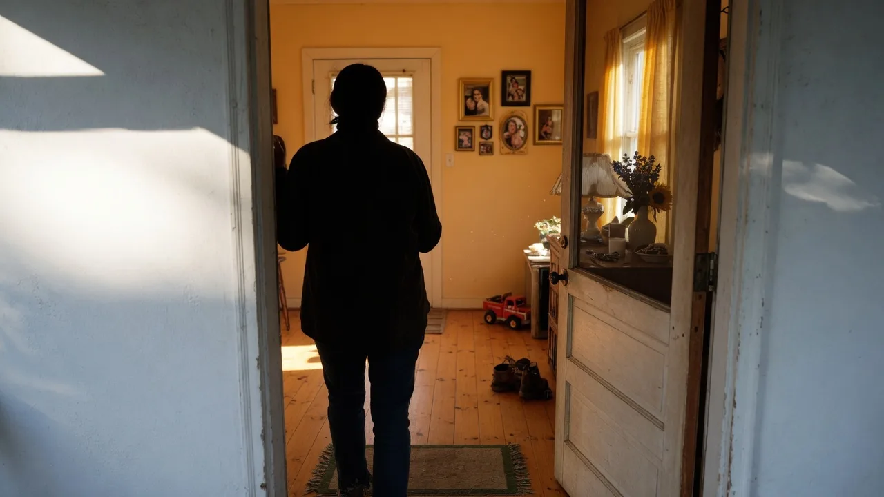 A person seen from behind standing in the open doorway of a Texas Hill Country home, silhouetted against warm interior light, looking into a lived-in space with hardwood floors and soft natural light — a contemplative, bittersweet moment