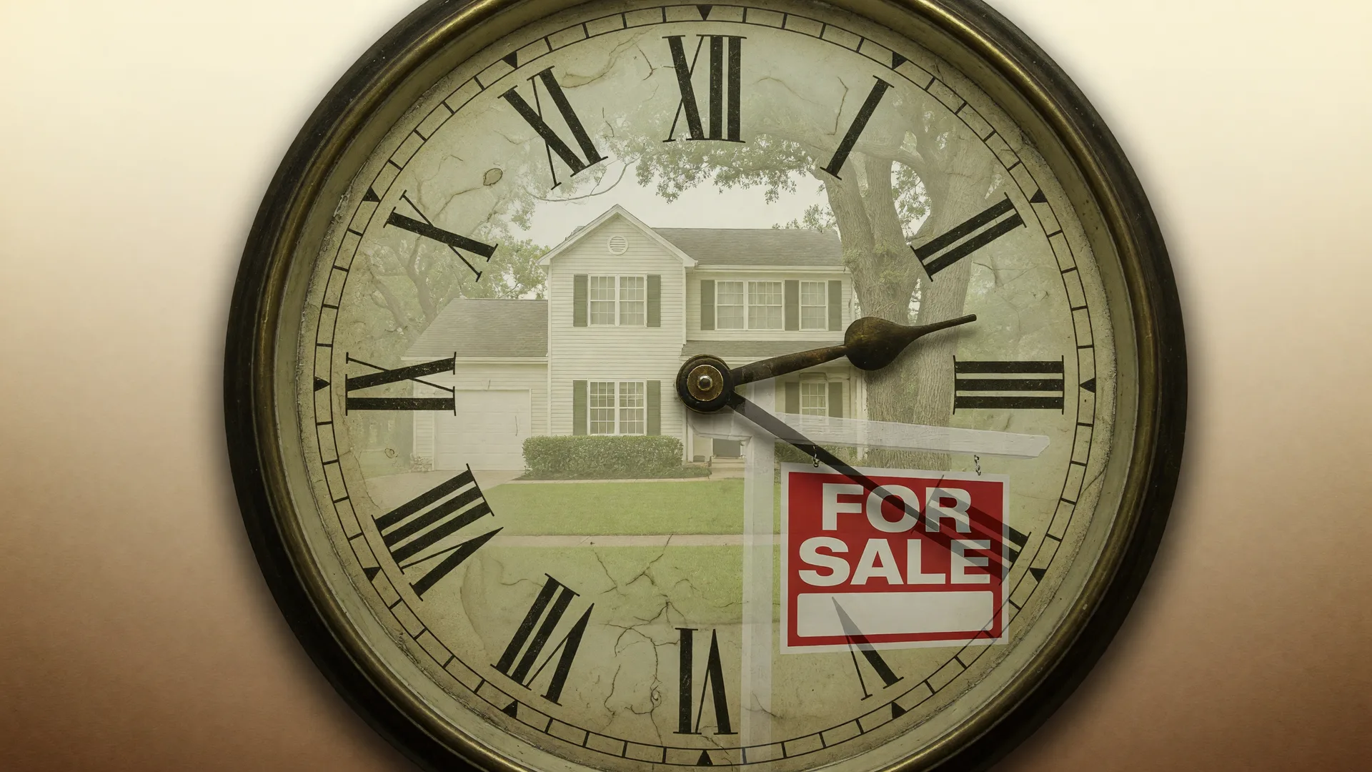 A clock face layered over a suburban home, symbolizing the costly delays that hurt estate home sales