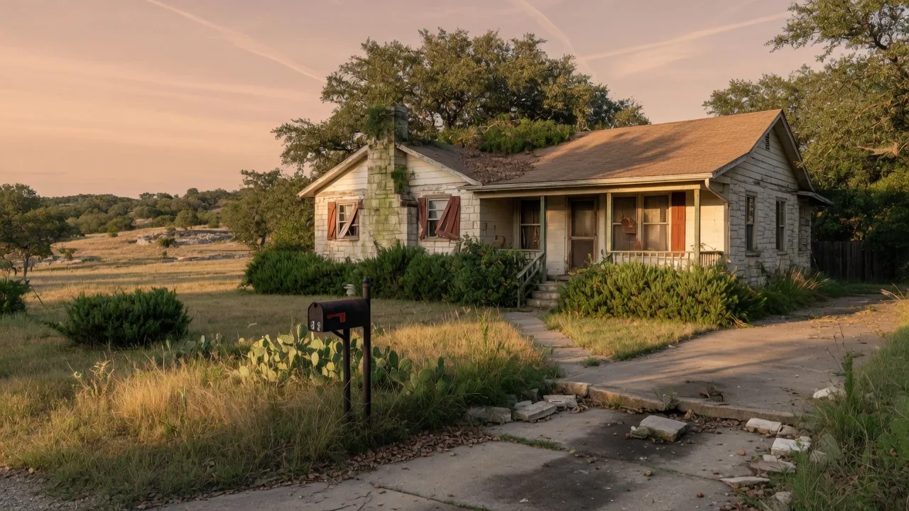 A Texas Hill Country home showing signs of deferred maintenance with overgrown landscaping and faded exterior paint, representing an inherited property in need of selective improvements
