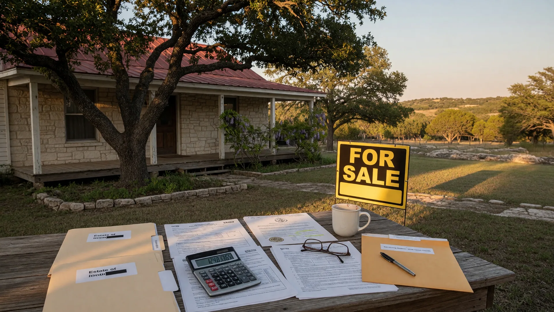A Texas Hill Country home with a FOR SALE sign in the front yard, alongside legal documents and a calculator on a porch table, representing the complex financial situation of a reverse mortgage after the borrower's death