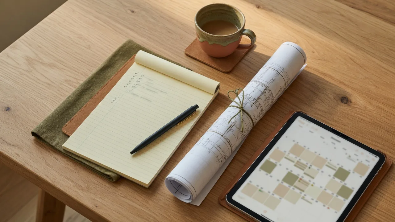 A clean, organized workspace with a legal notepad, pen, cup of coffee, rolled property survey, and a tablet showing a calendar — suggesting careful planning and preparation for the estate sale process