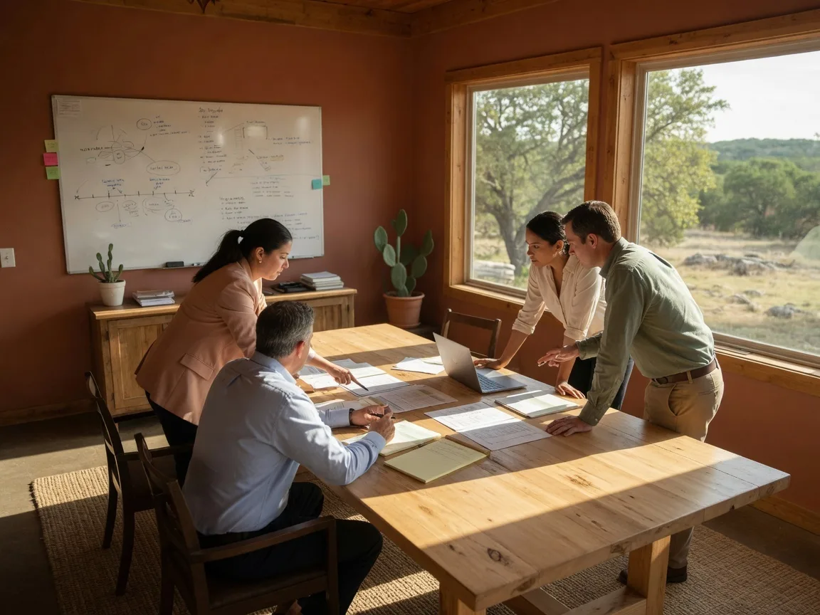 Four professionals gathered around a sunlit wooden conference table reviewing documents and a laptop together in a Texas Hill Country office, representing the team coordination and communication protocols the executor must establish as project manager