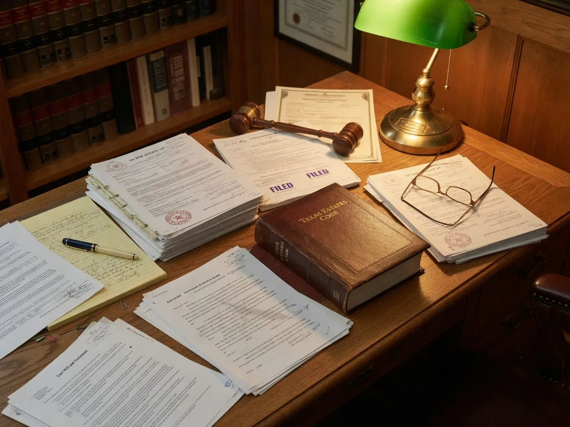 A Texas probate attorney's desk with legal documents, a law book titled Texas Estates Code, reading glasses, and a brass desk lamp casting warm light, representing the legal foundation required for estate home sales