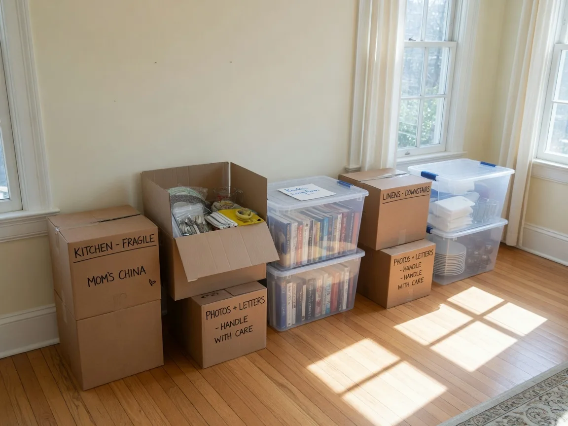 A row of organized moving boxes and plastic storage bins stacked in a bright living room, representing methodical estate clean-out and preparation