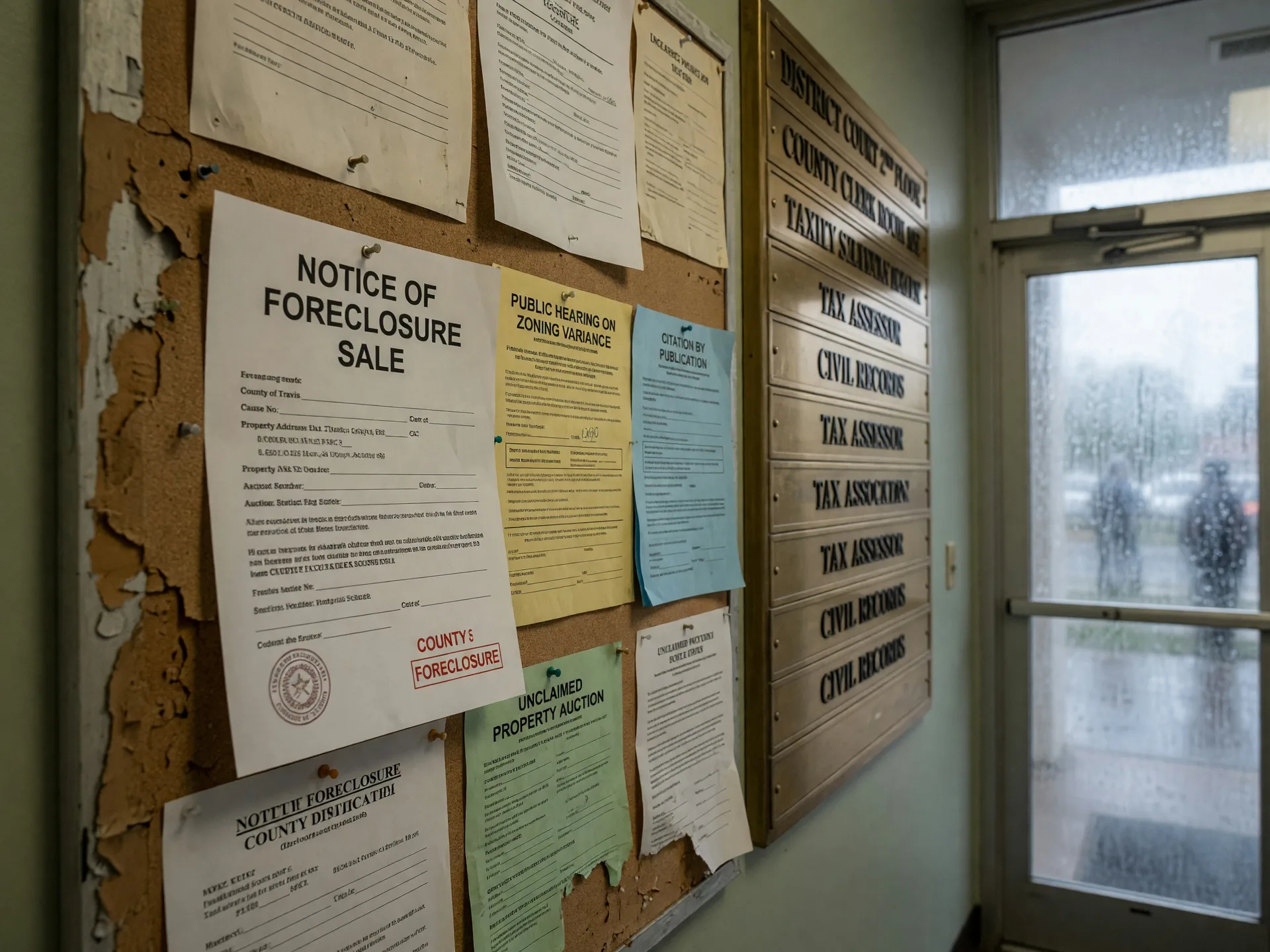 A Texas foreclosure auction notice posted on a courthouse bulletin board alongside other public notices, conveying the serious legal and financial consequences of mortgage default after a homeowner's death