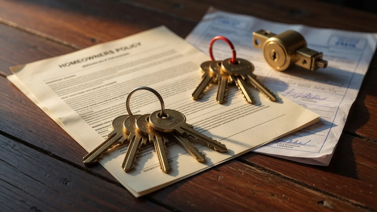 House keys resting on insurance paperwork and property documents — representing the critical step of notifying mortgage servicers and insurers after a death