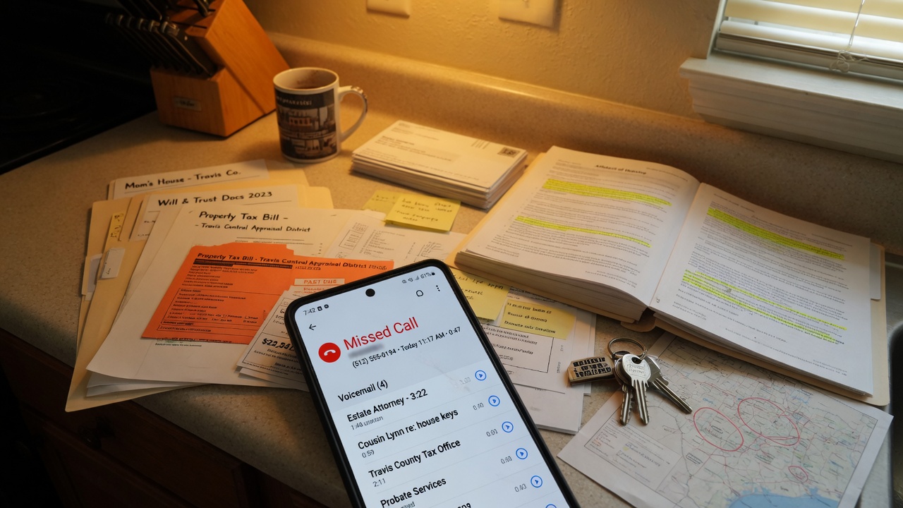 A phone with missed call notifications next to scattered estate paperwork, tax bills, and legal documents on a kitchen counter — illustrating the coordination overwhelm out-of-state executors face