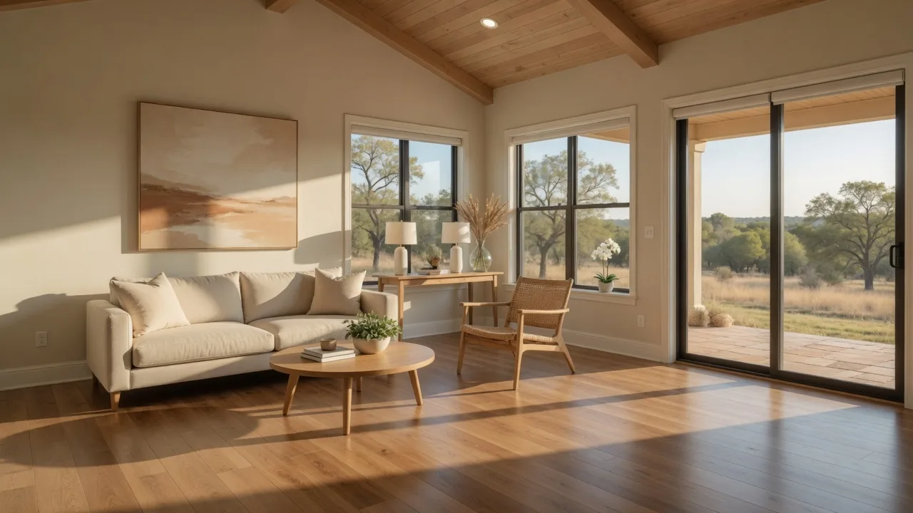 A clean, move-in-ready Texas Hill Country home interior with warm natural light and neutral finishes, representing a well-prepared home on the market
