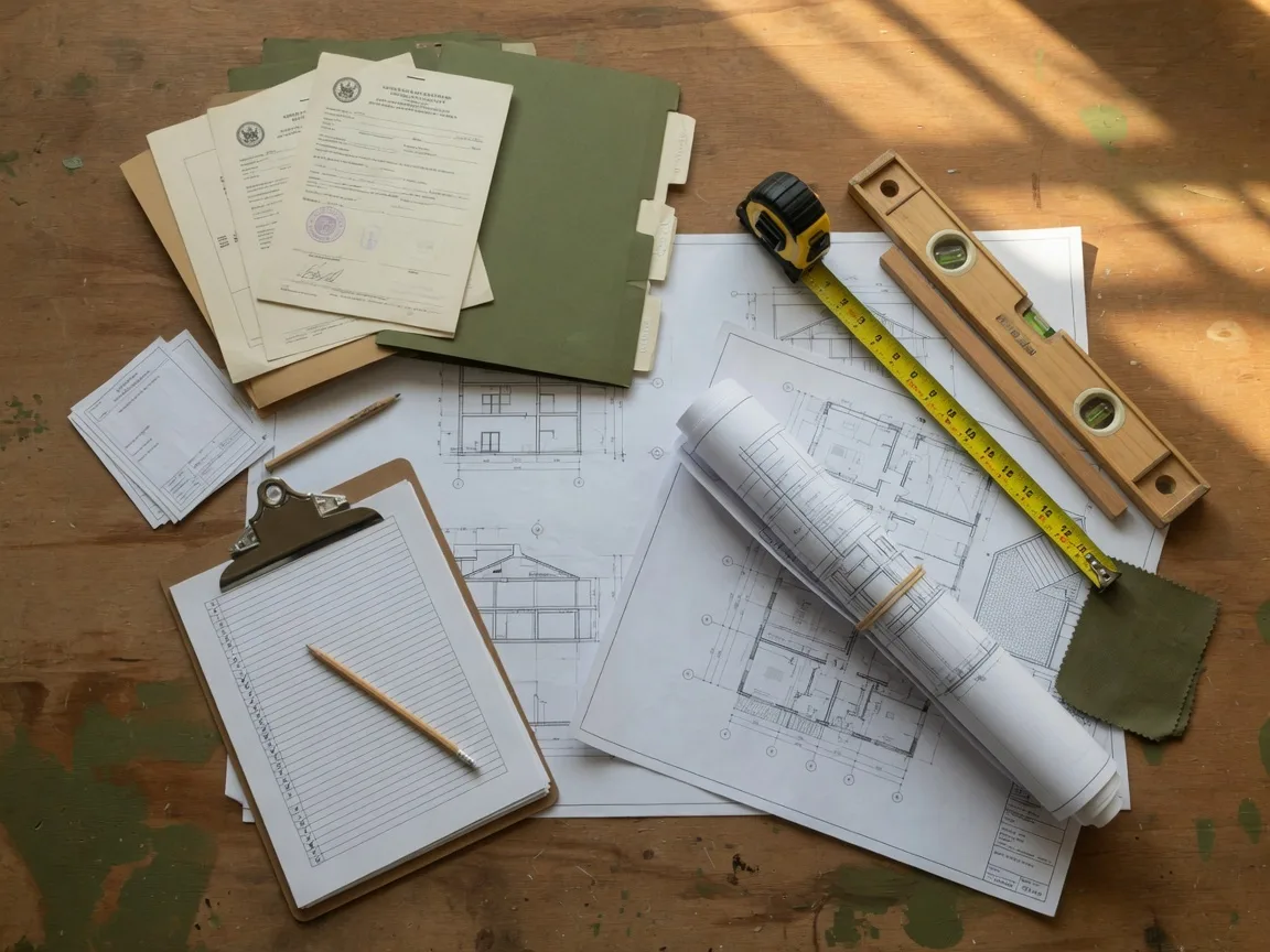 Homeowner insurance policy documents on a desk next to a house key and a small model house, representing property coverage verification before renovation work